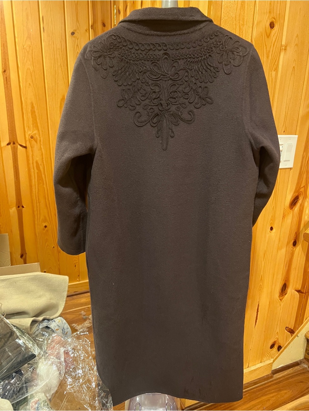 Embroidered Back Long Women's 100%wool Coat - Brown